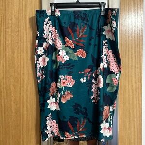 Emery Rose 4XL floral stretch midi skirt elastic waist green pink white